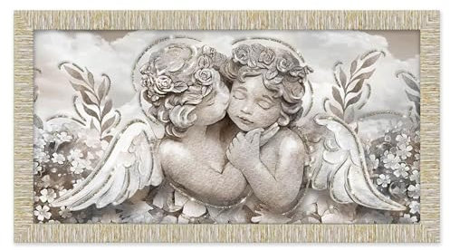 Lupia - Quadro Moderno con Cornice GIOVY Bianca Oro, Angels in Flowers, Stampa su Pannello in Legno con Glitter, Adatto per Soggiorno, Camera da Letto, Cucina, Ufficio, 60x110 cm, Tema Angeli