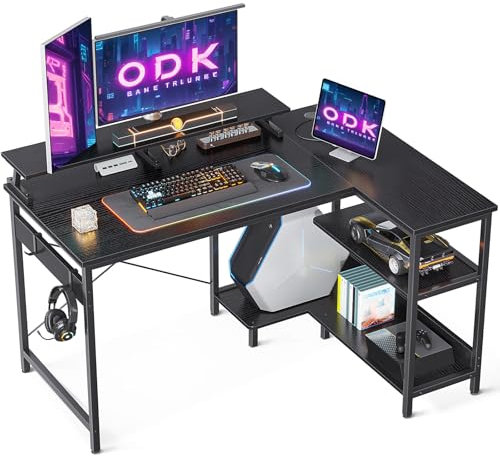 ODK Eckschreibtisch, Schreibtisch mit Regal Reversibel, Gaming Tisch L Form Schreibtisch mit Monitorständer, Computertisch PC Tisch Bürotisch für Heimbüro (Schwarz, 120x80x88cm)
