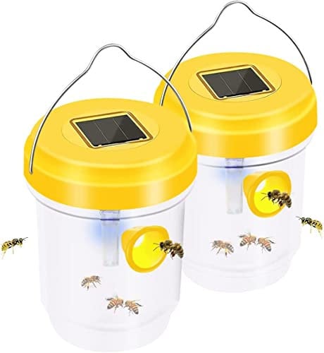 LED Solar Wespenfalle wasserdichte Hängende Bienenfalle Wespen Abwehr Solarbetriebene Bienenfalle Hornissenfallen Wespenabwehr für Innen und Außen Wiederverwendbarer Bienenfänger (2PCS-Gelb)