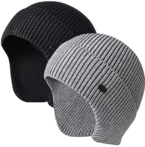 Wintermütze für Herren, Outdoor, dehnbar, gestrickt, Skimützen mit Ohrenklappe, winddicht, Schwarz / Grau, Einheitsgröße