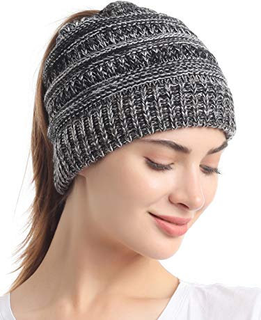 sy soul young Pferdeschwanz Messy Bun Beanie Tail Knit Hole Strickmütze Weiche Brötchen Winter mütze mit zopfloch für Damen(Einheitsgröße,3-Ton-Weiß)