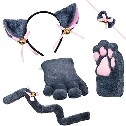 BALINCO Set costume da gatto, cerchietto per orecchie di gatto + zampe di peluche + papillon + coda di gatto, vestito da animale, Anime, Cosplay Party, Halloween, Carnevale (grigio)