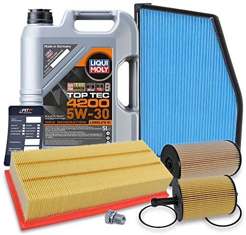 BESTPRICE Inspektionspaket Filterset mit 1x Ölfilter, 1x Innenraumfilter (Aktivkohle), 1x Luftfilter, 1x Ölablassschraube, 1x Kraftstofffilter, 1x Motoröl 5W-30 Top Tec 4200 5 l,