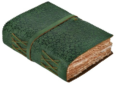 LEATHER VILLAGE Ledergebundenes Tagebuch mit Blumenprägung für Damen und Herren – 200 Seiten, 15,2 x 10,2 cm (A6), grün – Buch der Schatten, Vintage-Reisetagebuch, blanko, Reisetagebuch, Notizbuch zum
