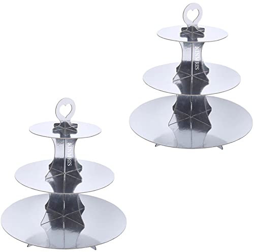 KINMRIS 2 Pack Cupcake Stand 3-Tier Rounded Edge Cake Stand, Cardboard Cake Stand, Birthday Party SUPPLIES TIER 3 Tier (C-Silver)