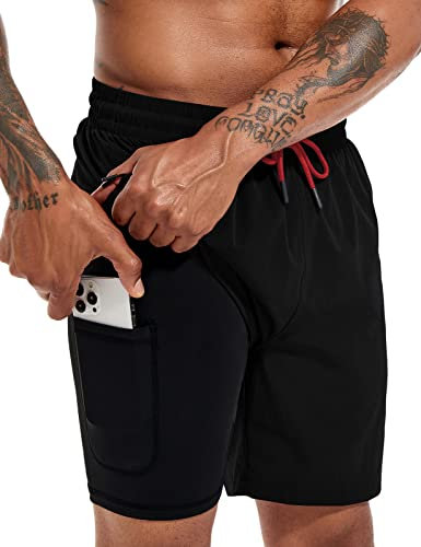 Atforna Herren Badehose Kompression 2 in 1 Badeshorts mit Innenhose Kordelzug Schwimmhose Kurz Schnelltrocknend Strandhose Elastisch Sport Freizeit Shorts Schwarz L