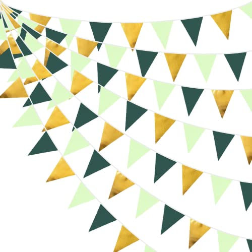 32Ft Dunkelgrüne goldene Dekorationen Olivgrüne Goldene Dreiecksflagge Stoffbanner Wimpelkette Girlande Luftschlangen für Hochzeit Babyparty Geburtstag Zuhause Kinderzimmer Outdoor Garten Dekoration