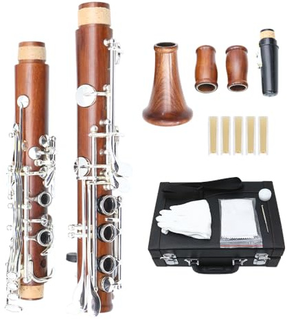 WUQIMUSC Professioneller Klarinettenkörper aus Palisanderholz, versilbert, Schlüssel B-Tasten 17 Bb Schlüssel, zwei Fässer, Hartschalenkoffer, weiße Handschuhe (Palisander) (ROSE)