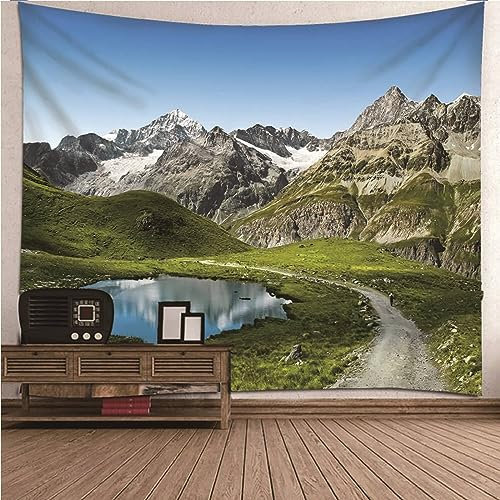 Mesnt Tapisserie Wandbehang, Polyester Wandteppich mit See und Berge Landschaft Wandbehang Bettwäsche Tapisserie, Grün, 150 x 150 cm