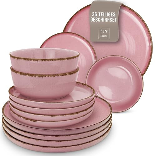Vajillas para 12 Personas, Set de Steingut Rustic de 36 Piezas - Diseño Rústico y Moderno, Apto para Lavavajillas - Juego de Platos y Cuencos - Vajilla Pure Living en Color Rosa
