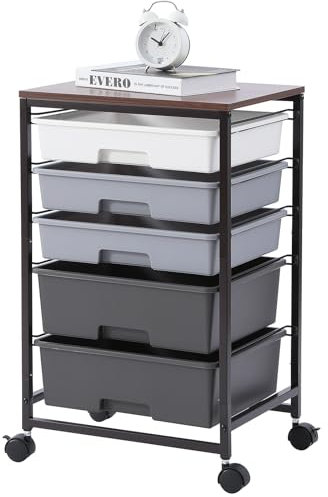 SYKIARIOL Storage Trolley with 5 Plastic Drawers, Rolling Storage Cart on Wheels, Multipurpose Utility Cart Organizer Unit for Living Room,Bedroom,School,Beauty, Easy Movement, Grey