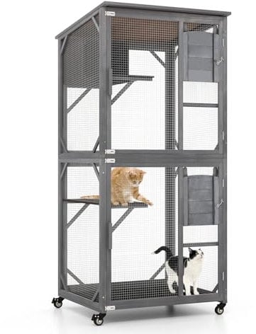 COSTWAY Large Cat House, Large Wooden Cat Enclosure on Wheels with Resting Box, Jumping Platforms, Escape Doors & Weatherproof Asphalt Roof,182 cm 2-Story Kitten Catio for Cats