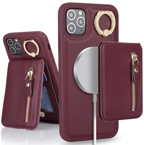 SailorTech iPhone 11 Pro Phone Leather Case with Credit Card Holder Magsafe, iPhone 11 Pro Case Ring Stand with Kickstand Card Slots Wallet Detachable 2-in-1 Zipper Case - Burgundy