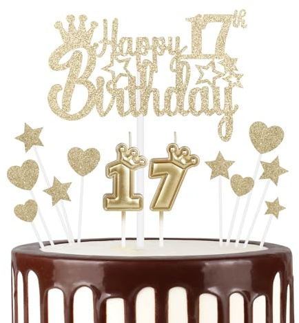 mciskin 17th Happy Birthday Candles Cake Toppers, Crown Number 17 Candle for Cake, Girls 17th Birthday Decoration, Cake Candle Cake Topper for Women Birthday Party Wedding Anniversary (Champagne Gold)