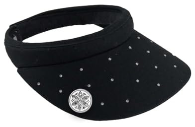 Surprizeshop Womens Golf Visor | Clip Style | Crystal Design | Built in Magnet | Comes with Hand Enamelled 25mm Ball Marker | Rigid Peak | Multiple Colours | Golf Visor | Tennis Visor | Black