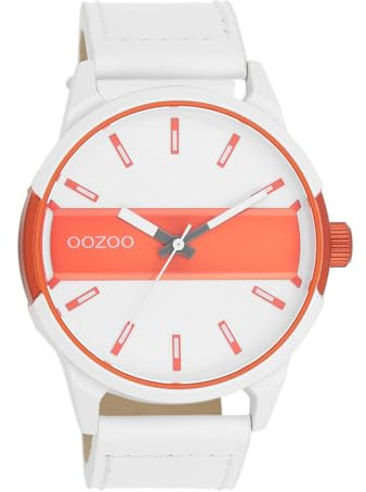 Oozoo Timepieces Herren Uhr in Weiß/Fluo Orange metallic| Armbanduhr Herren mit Lederarmband | Schöne Uhr für Männer | Edle Analog Herrenuhr (48mm Gehäuse) in rund C11316