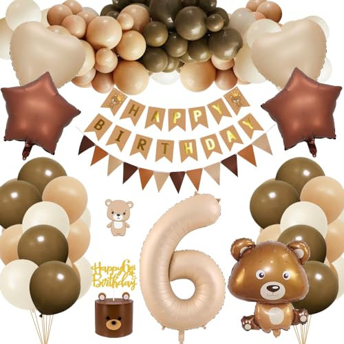 6. Geburtstagsdeko Junge Mädchen, Kindergeburtstag Deko mit Bär Luftballon, 6 Jahre Geburtstag Bär Deko, Happy Birthday Banner, Folienballon 6, Cake Topper, Partydeko für 6 Jahre Junge