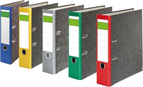 Papiertiger Ordner Nature mit farbigem Rücken aus Graukaton im Wolkenmamor Design, Rückenschild klassisch grüner Balken (Nature (Wolkenmamor), Sortiert, 5 Stück | 8cm Breit)