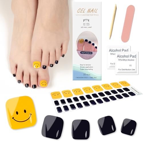 Boloshine 32Pcs Semi Cured Gel Toenail Stickers, French Salon-Quality Gel Nail Strips, Self-Adhesive UV Gel Toe Nail Stickers, Long Lasting Toe Nail Wraps UV/LED Lamp Required - Joy Eternally Abides