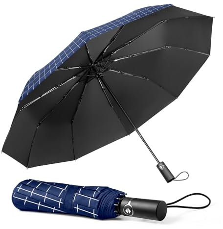 TechRise Parapluie Pliable, Parapluie Automatique Compact Coupe-vent avec 10 Baleines, Ouverture et Fermeture Automatiques à un Seul Bouton, Parapluie Portable pour Hommes et Femmes, Carreaux Bleus