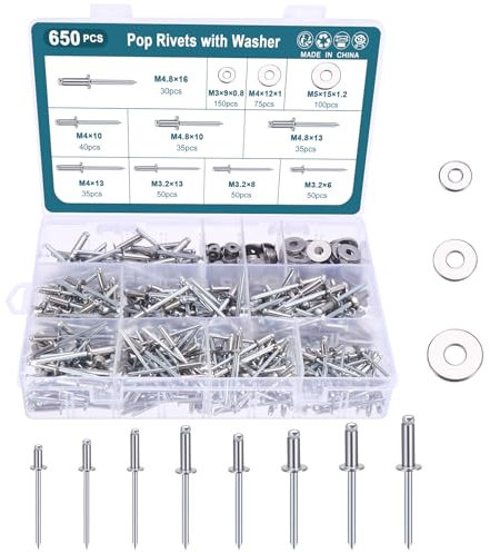 HSEAMALL 650 rivetti ciechi con rondelle, 8 misure M3-M5 rivetti in acciaio inox per fai da te, automotive, strumenti, mobili