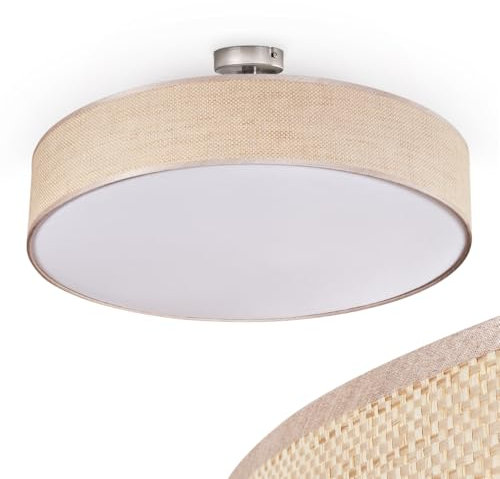 HOFSTEIN Deckenleuchte Foggia, Deckenlampe aus Metall/Papiergeflecht/Kunststoff in Nickel-matt/Natur/Weiß, runde Leuchte im modernen Design (Ø 60 cm), E27, Esszimmer, Wohnzimmer, Schlafzimmer, Küche