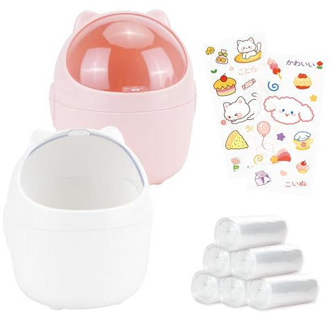 10pcs Mini Desk Bin with Bin Bags and Stickers, Small Waste Paper Bins with Lid, Cute Cartoon Desktop Trash Can Small Bins Plastic Garbage Bins for Bedrooms Office Children's Room(Pink+White)