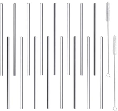 morneve Lot de 16 pailles courtes et réutilisables en acier inoxydable avec brosse de nettoyage pour cocktails, rock, gin, verre, café, bocaux Mason pour enfants, boîte à jus de fruits, argent