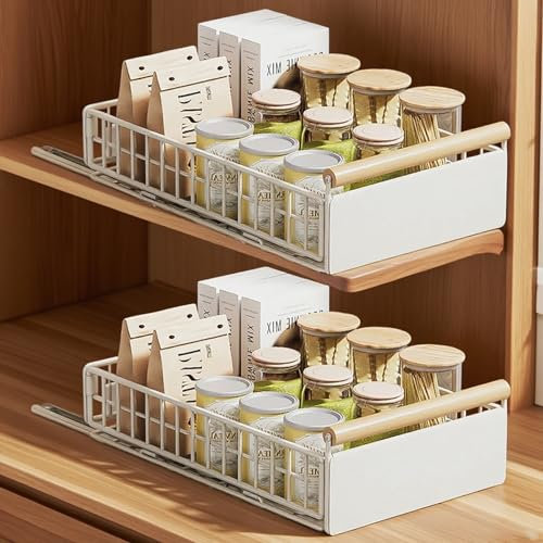 2 Stück Teleskopschublade,Ausziehbarer Schrank Organizer,Schrankauszug Küche aus Kohlenstoffstahl,mit Holzgriff,für Küche, Unterschrank, Badezimmer