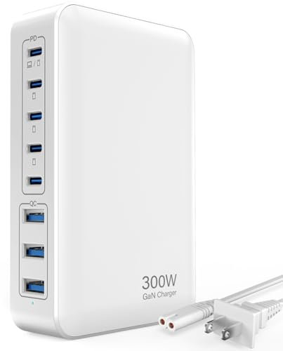 Stazione di ricarica USB C - 300 W Fast GaN - Hub di ricarica USB a 8 porte, adattatore per caricabatterie per laptop PD 100 W aggiornato compatibile con MacBook Pro/Air, iPad, iPhone 16/15/14, Galaxy
