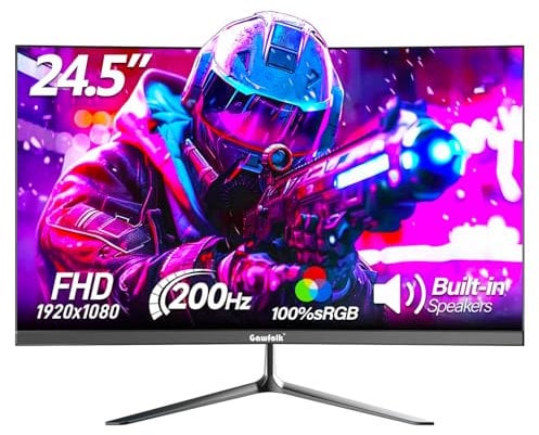 Gawfolk 24,5 Zoll Gaming Monitor mit Lautsprechern, 200 Hz PC Bildschirm FHD 1080P Rahmenlose Computermonitore, DisplayPort, HDMI, Augenpflege