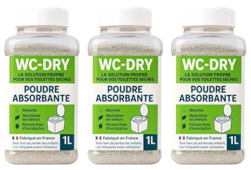 Poudre absorbante toilettes sèches, désodorisant naturel, parfum eucalyptus, fabriqué en France, idéal pour camping, randonnée, chantiers - WC-DRY (3 x 1 litre)