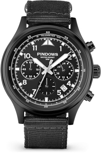 PINDOWS Herren-Armbanduhr, wasserdicht, modisch, geschäftlich, lässig, Multifunktions-Chronograph, Quarz-Herrenuhr mit Kalender, Nylonband