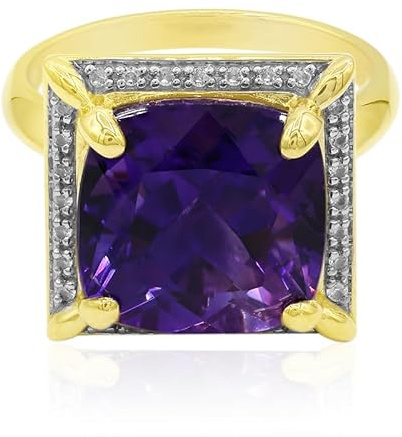 Cavill Uruguay Amethyst Ring 5,925 ct in 375er Gelbgold, Antiker Kissenschliff mit 28 kambodschanischen Zirkonen in Violett, moderner Goldring Größe 17