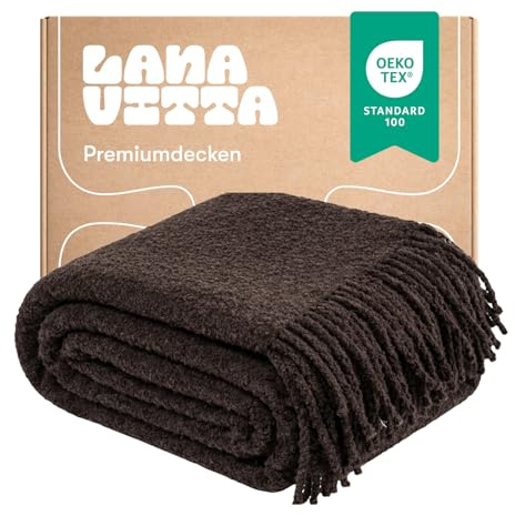 Lanavitta – Bouclé Wolldecke „Lounge“ – Kuschelige Tagesdecke & Plaid – Sofadecke, Couchdecke, Bettüberwurf & Sesseldecke – 25% Wolle, 20% Polyester, 55% Acryl – Braun – 140x200 cm