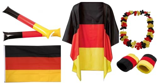 Daged Deutschland Fan Set 7-teilig, Fahne Poncho Klatschstangen Hawaii-Kette Schweißbänder Schwarz Rot Gold Polyester Fußball Fanartikel