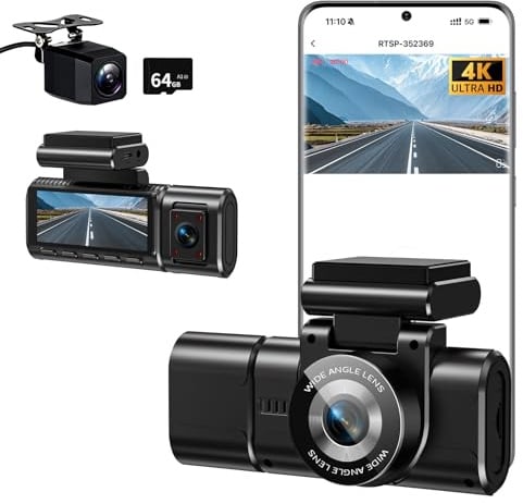 4K Dashcam Auto Vorne Hinten mit WiFi,3 Channel 1080P Dash Cam Auto Kamera 3,16 IPS Bildschirm,Kostenlose 64 GB Karte,Nachtsicht,G Sensor,Loop-Aufnahme,200°Weitwinkel WDR,Parküberwachung