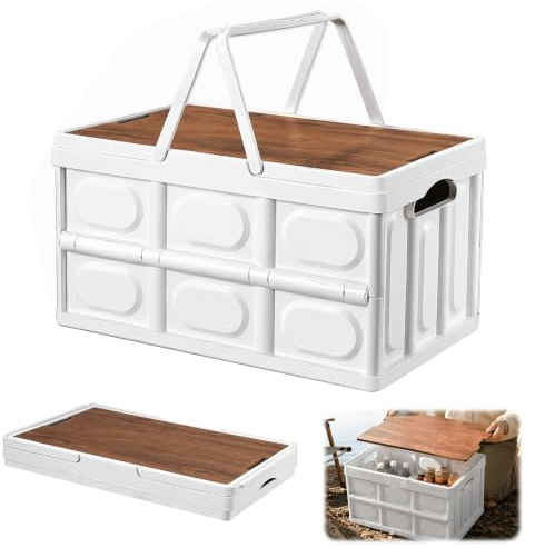 Zinueen 30 l stabil hopfällbar campinglåda med lock, 43 x 30 x 24 cm, bagageförvaring och picknickkorg, robust polypropenlåda med trälock (vit)