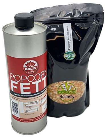 Hopser Food Fun Juego de palomitas de maíz, aceite de palomitas de maíz graso 1 litro semilíquido con betacaroteno, palomitas de cine premium Amarillo 1 kg (Paquete de 1)
