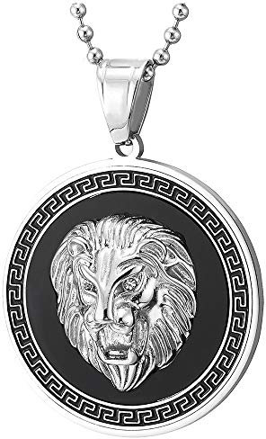 COOLSTEELANDBEYOND Edelstahl Löwenkopf Kreis Anhänger Halskette mit Zirkonia, Schwarz Onyx, Griechischen Schlüsselmuster, Silber Schwarz