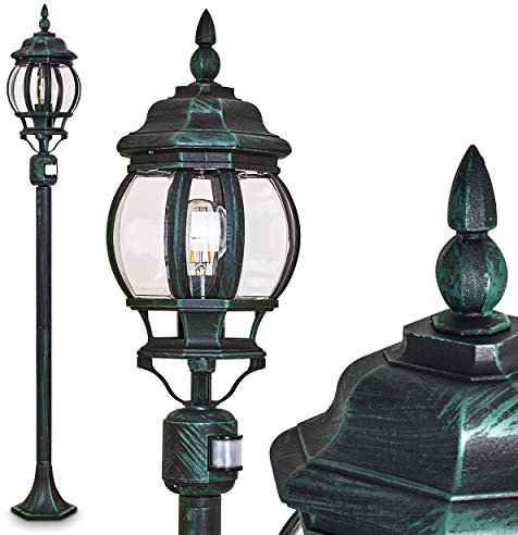 Außenleuchte Lentua m. Bewegungsmelder, Wegeleuchte in antikem Look, Aluguß in Schwarz/Grün mit Kunststoff-Scheiben, Stehleuchte 130 cm, Retro/Vintage Gartenlampe, E27-Fassung, IP44, ohne Leuchtmittel