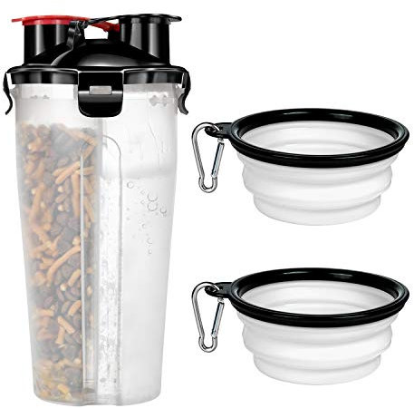 Czemo Travel Dog Water Bottle and Bowl, Portable Pet Food Container 2-in-1 with Collapsible Dog Bowls, Outdoor Dog Water Bowls for Walking Hiking Travelling (White)