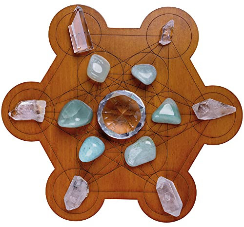 Curawood Crystal Grid Board - Metatron's Cube Sacred Geometry Amplify The Power of Your Crystals 10 inches Diameter Wooden Plate Witchcraft, Wiccan Altar, Ritual, Space Decor, Brown, 10Wx10Lx0.3H