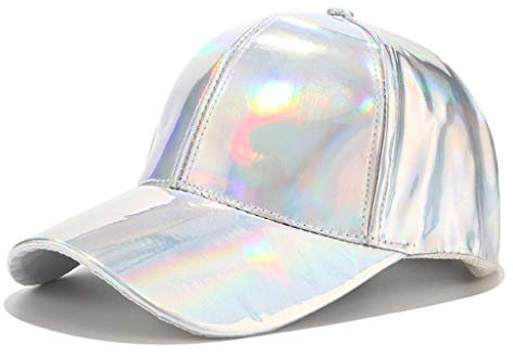 MEIBAOGE Damen Herren Kunstleder Baseball Cap Glitter Metallic Holographic Rainbow Reflektierende Hip Hop Verstellbarer Strapback Schirmmütze,Baseball Cap-Silber