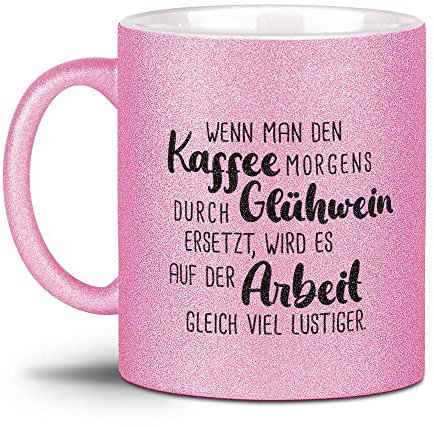 Glitzertasse mit Spruch - Kaffee durch Glühwein ersetzen - Weihnachts-Tasse, Weihnachts Geschenk Familie, Freunde, Glitter, Weihnachten - Hochwertige Keramik, Rosa, 300 ml