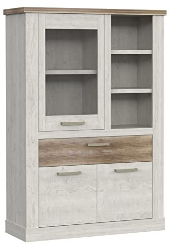 Newroom Vitrine Pinie Weiß Vitrinenschrank Modern - 108,4x106,3x41,3 cm (BxHxT) - Glasvitrine Standvitrine Glasschrank - [Coby.Ten] Wohnzimmer Wohnstube
