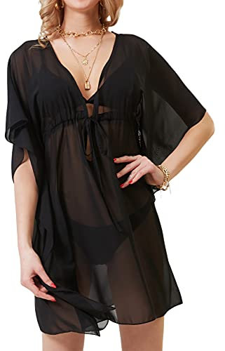 soul young beach cover ups for women beachwear Chiffon Sexy lightweight Swimwear Bikini Swimsuit V neck Coverup Lady Kimono(Black)