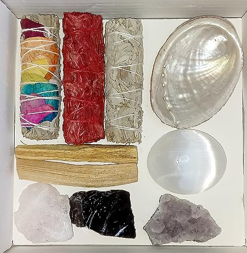 Sauge Blanche purification Sang de Dragon sauge chakra à Brûler + Palo Santo + Sélénite + Coquille d'Ormeau Abalone Améthyste cristal, Purification Rituel, Smudge-kit, Cristaux de Guérison chamanisme