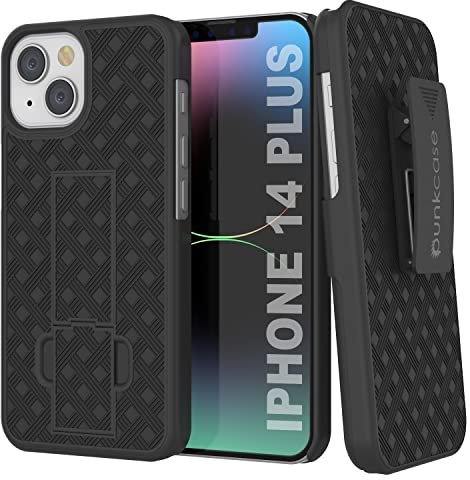 PunkCase iPhone 14 Plus Holster Belt Clip Case W/Screen Protector & Built-in Kickstand | Dual Layer Hybrid TPU 360 Full Body Protection [Slim Fit] for iPhone 14 Plus (6.7) (2022) [Black]