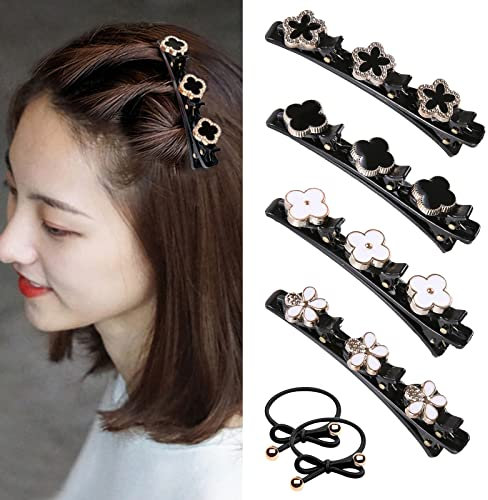 Barrette à Cheveux LatéRale à Trois Fleurs, 4Pcs Pinces à Cheveux TresséEs With 2 Hairsband Barrette Cheveux Femme LatéRale Bandeau à Double Couche à La Mode Pince à Cheveux en Strass Trèfle Female